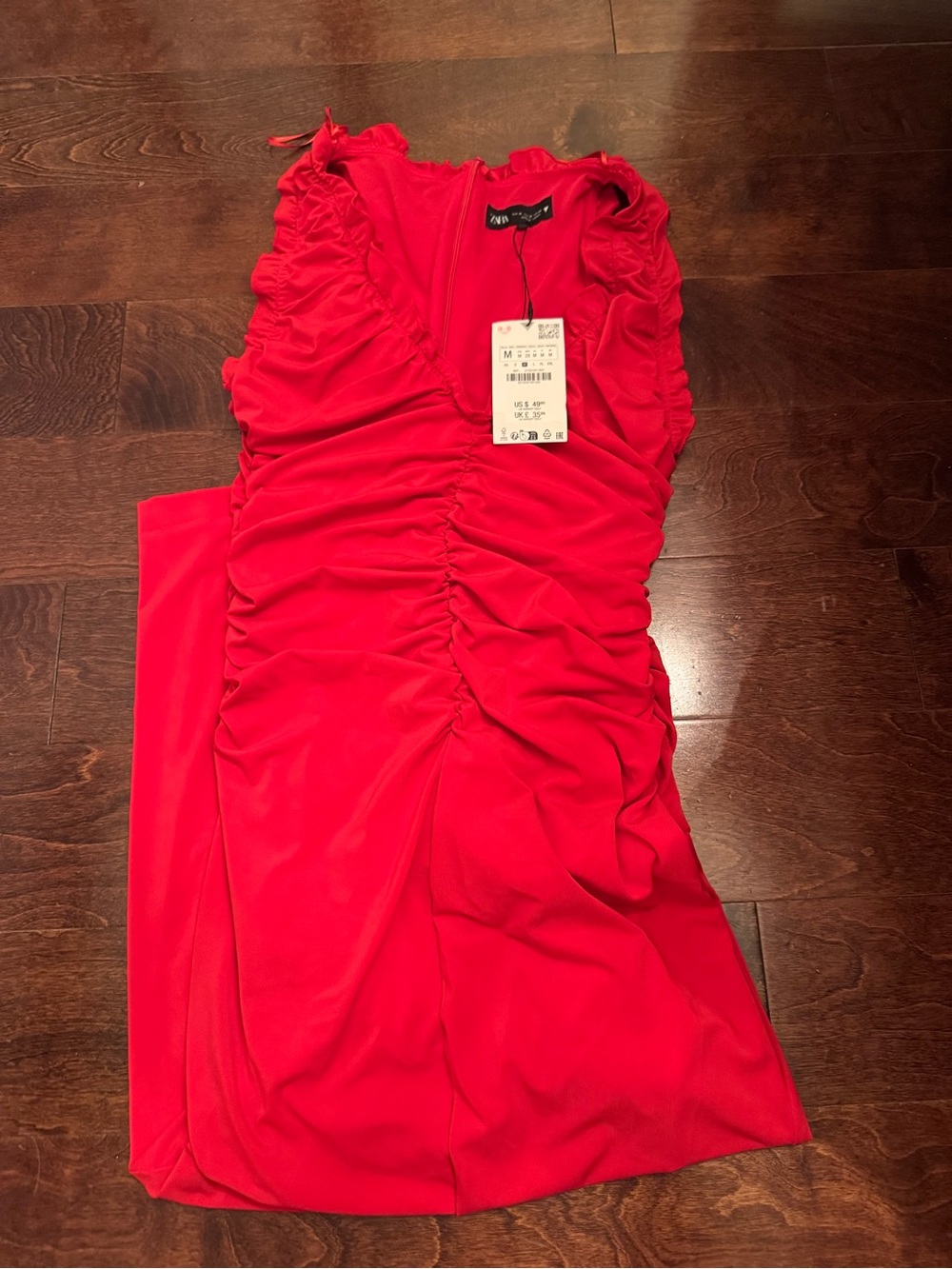 Zara Red Sleeveless Ruched Midi Dress